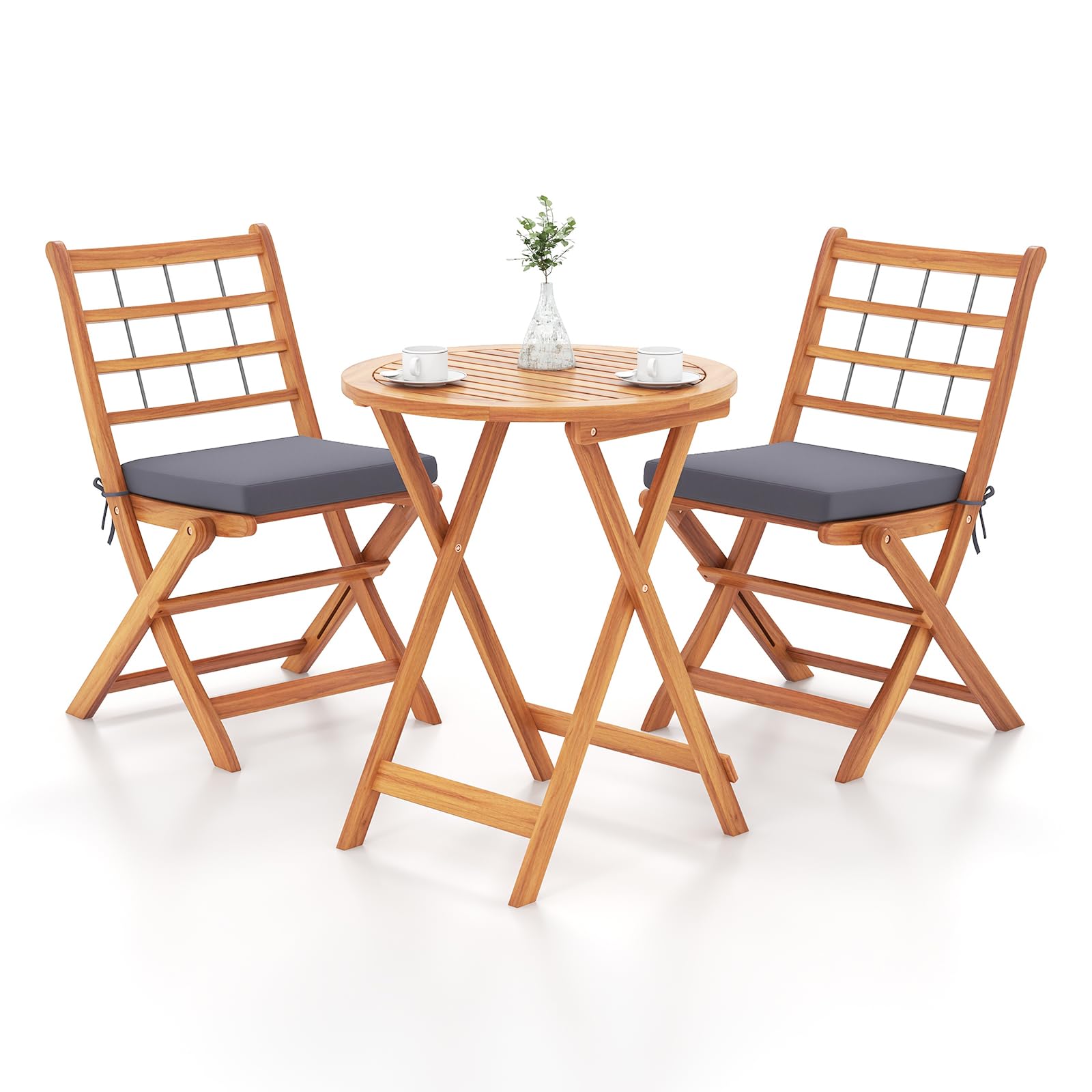Ensemble de bistro 3 pièces Tangkula en bois pour terrasse, ensemble table et chaises pliantes avec coussins moelleux